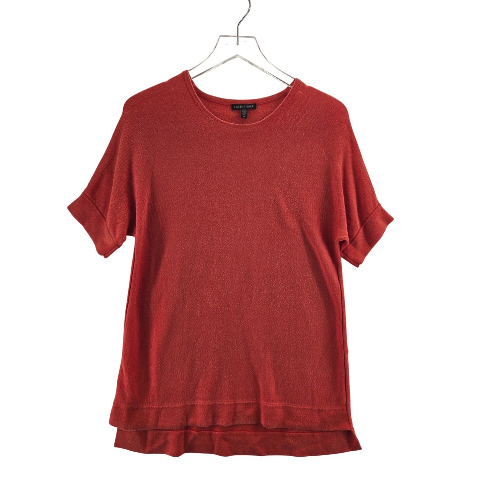 Eileen Fisher Coral Orange Tencel Silk Knit Short Sleeve High-Low Top Small